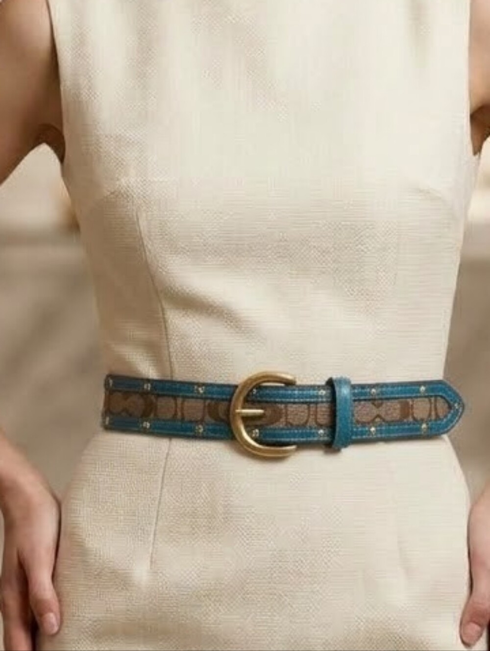Coach Vintage Signature Monogram Blue Leather Studded Belt 3537 Large